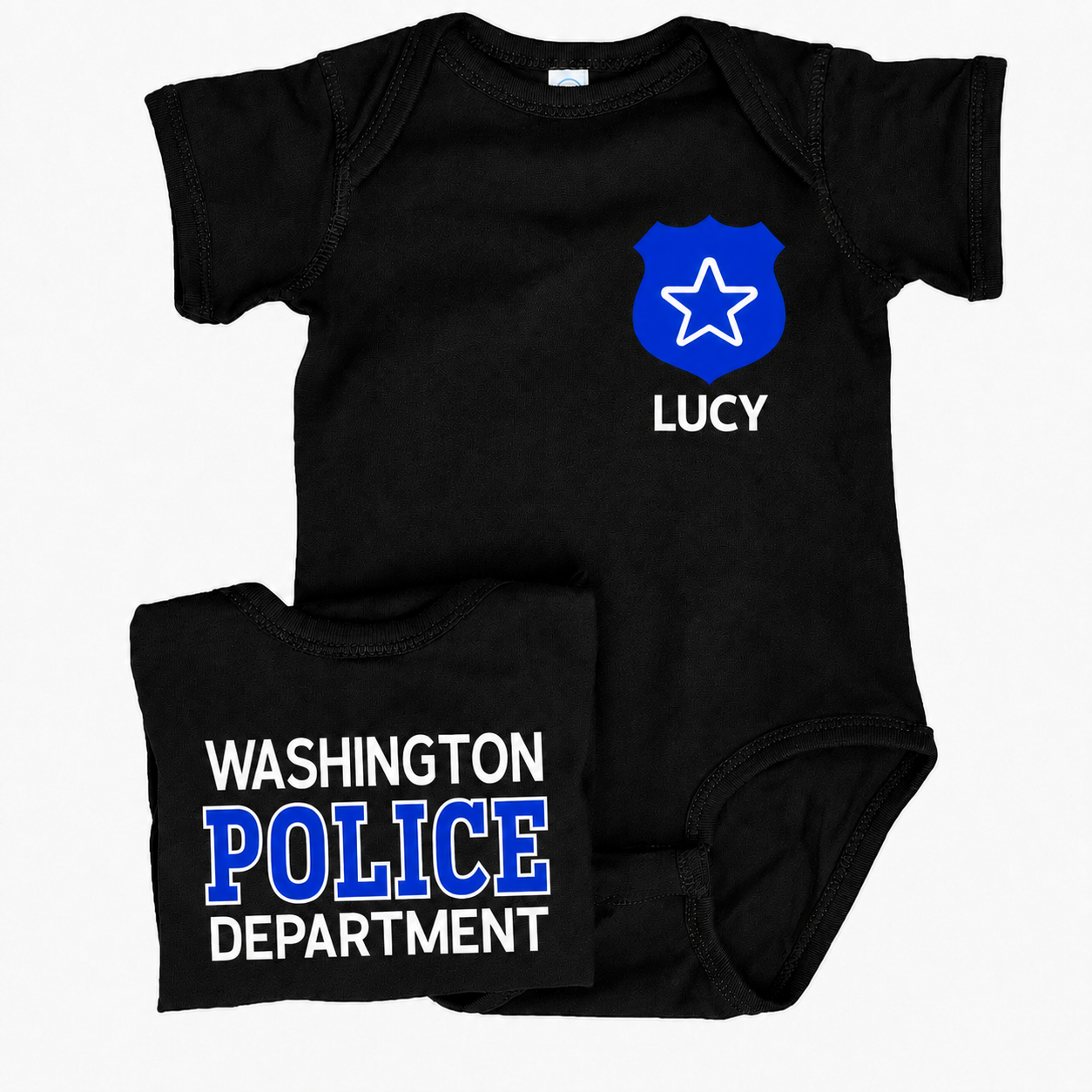 Police Baby Bodysuit with Police & Sheriff Logo - Custom Name Front & Optional Back