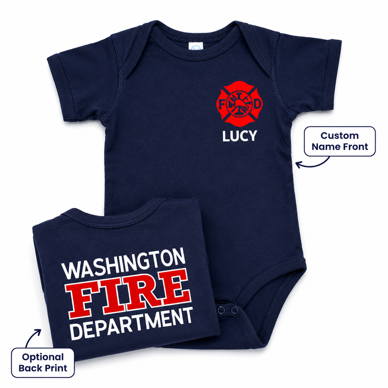 Firefighter Baby Bodysuit with Maltese Cross - Custom Name Front & Optional Back