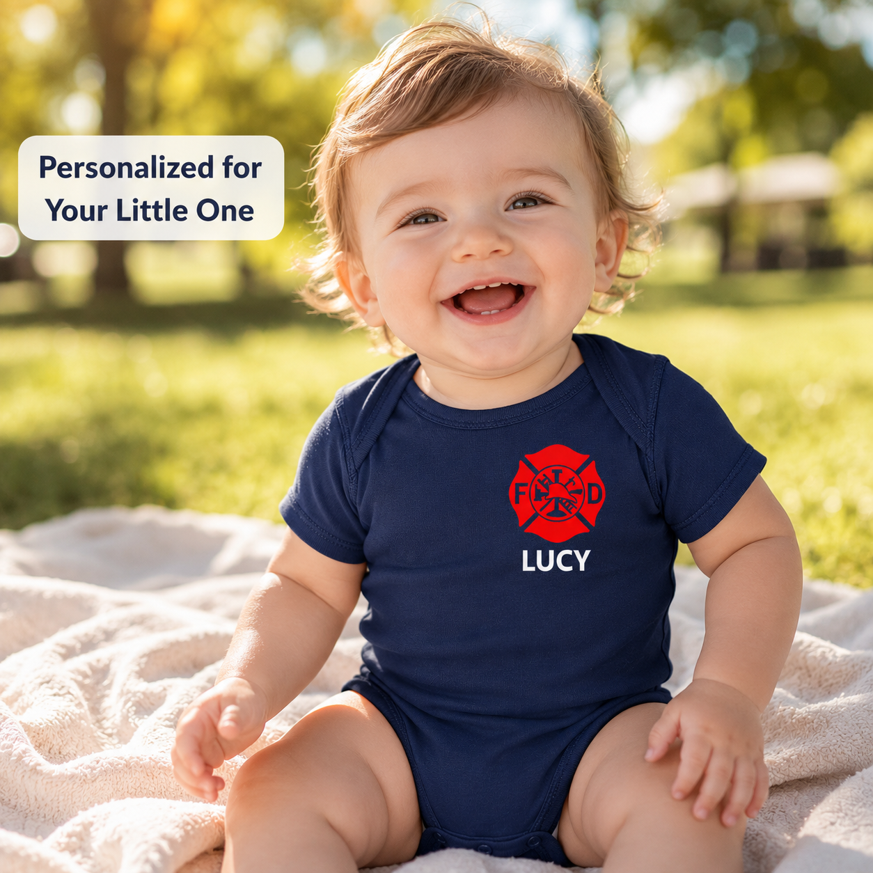 Firefighter Baby Bodysuit with Maltese Cross - Custom Name Front & Optional Back