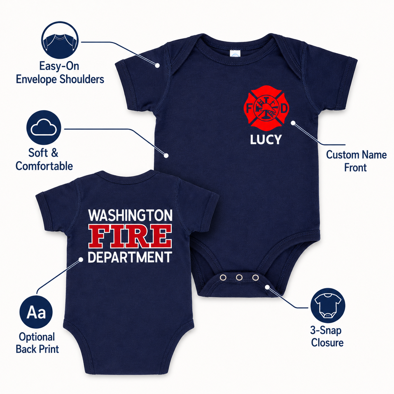 Firefighter Baby Bodysuit with Maltese Cross - Custom Name Front & Optional Back