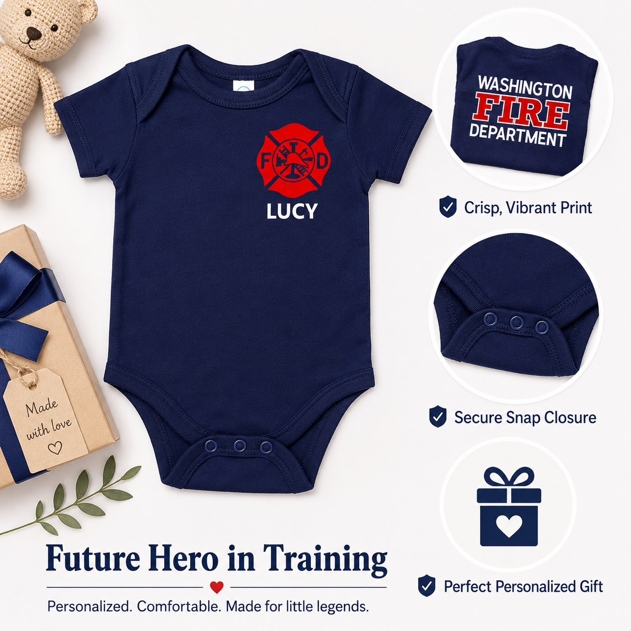 Firefighter Baby Bodysuit with Maltese Cross - Custom Name Front & Optional Back