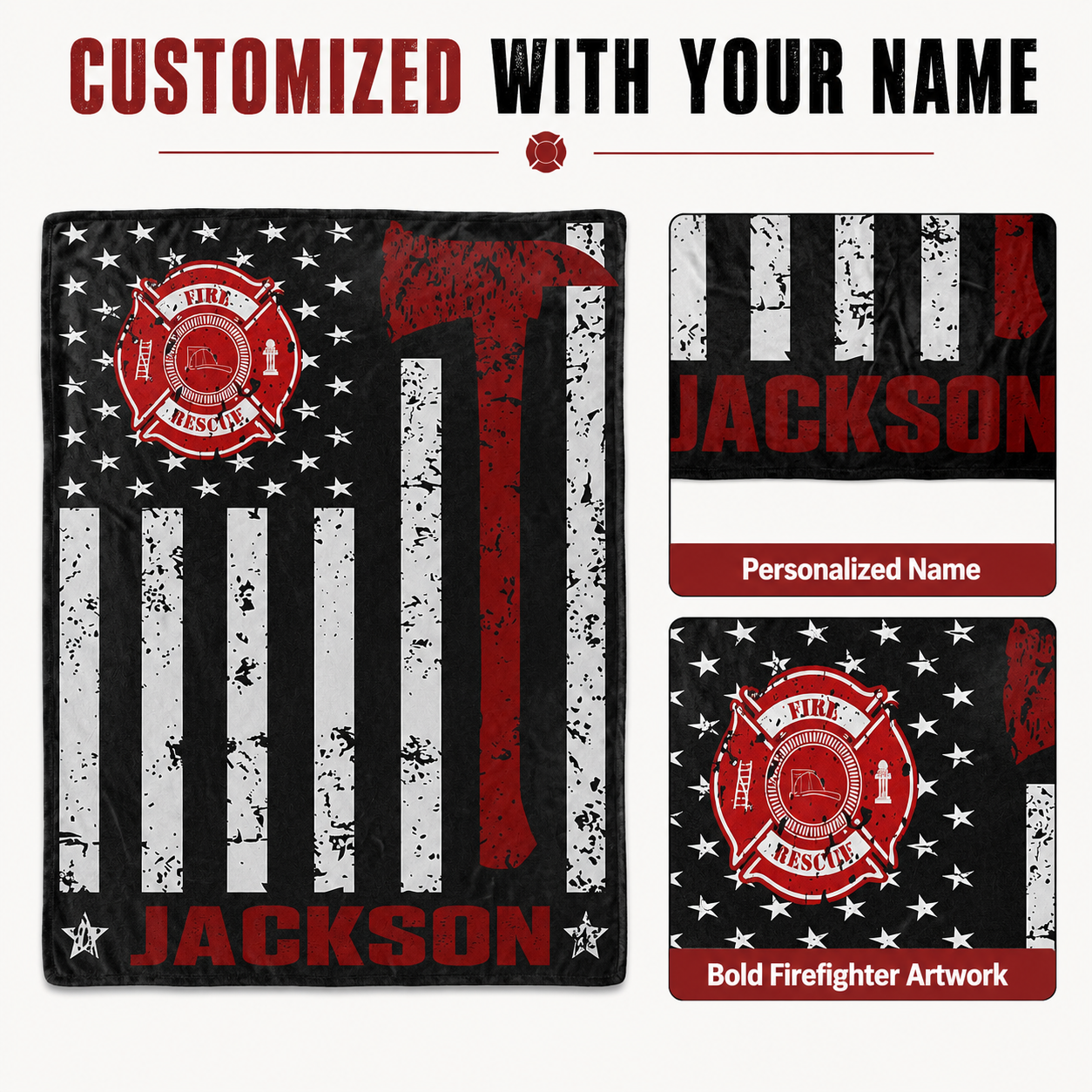 Personalized Firefighter Blanket - Thin Red Line Flag Custom Name