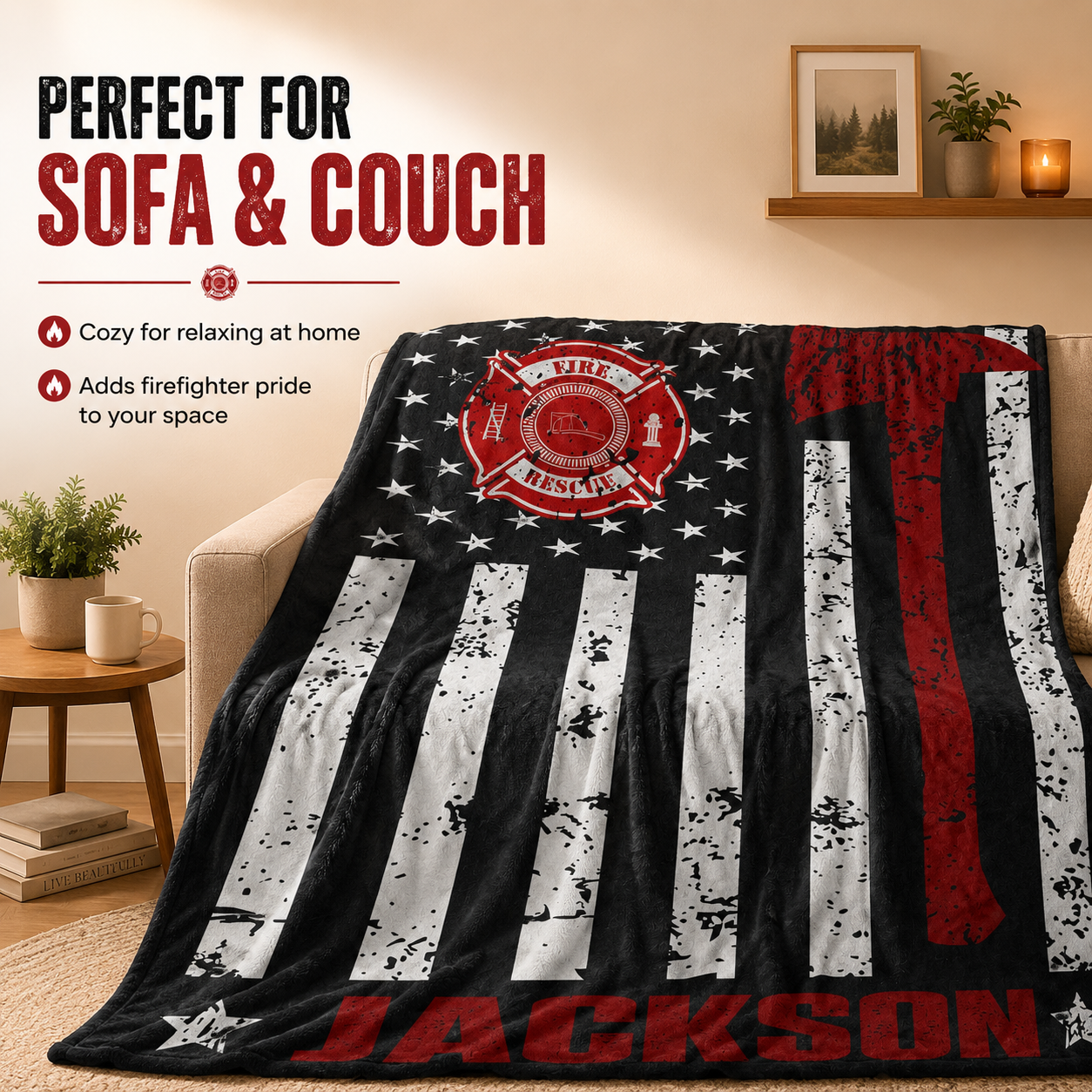 Personalized Firefighter Blanket - Thin Red Line Flag Custom Name