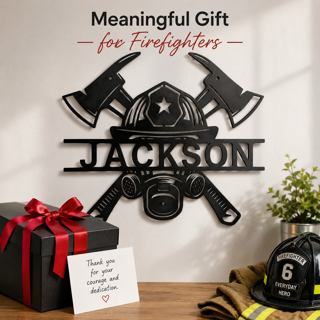 Personalized firefighter metal sign with mask and crossed axes laser-cut from powder-coated black metal for tribute wall art