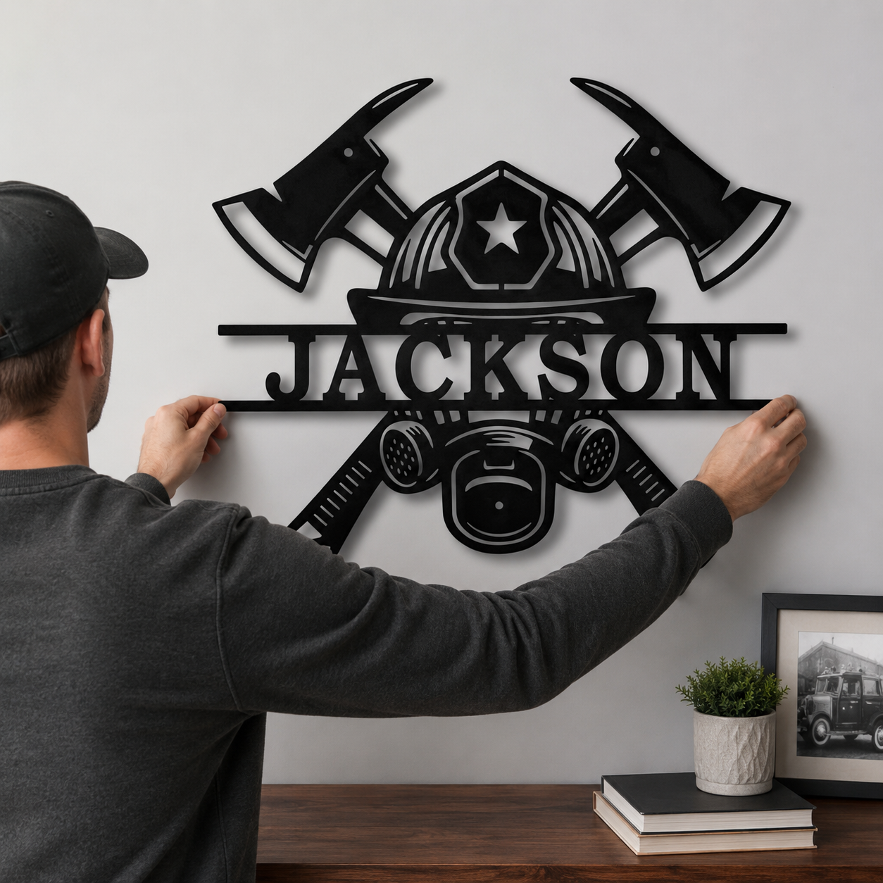 Firefighter Metal Sign – Custom Name & Crossed Axes Personalized Wall Art