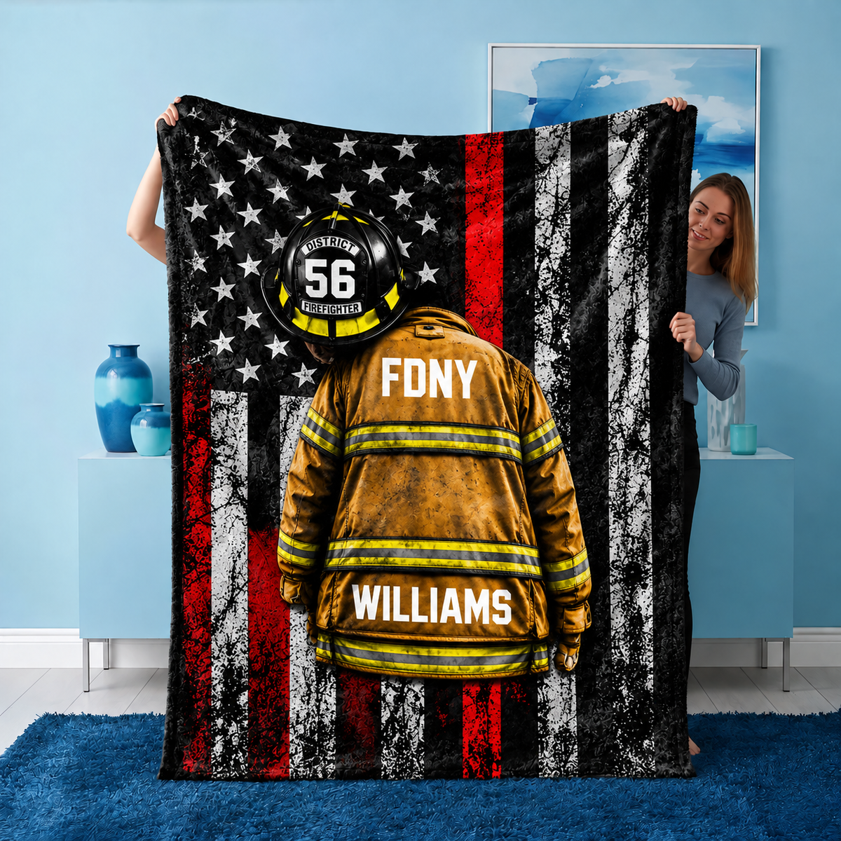 Couverture personnalisée pour pompiers - Motif personnalisé avec le nom du pompier
