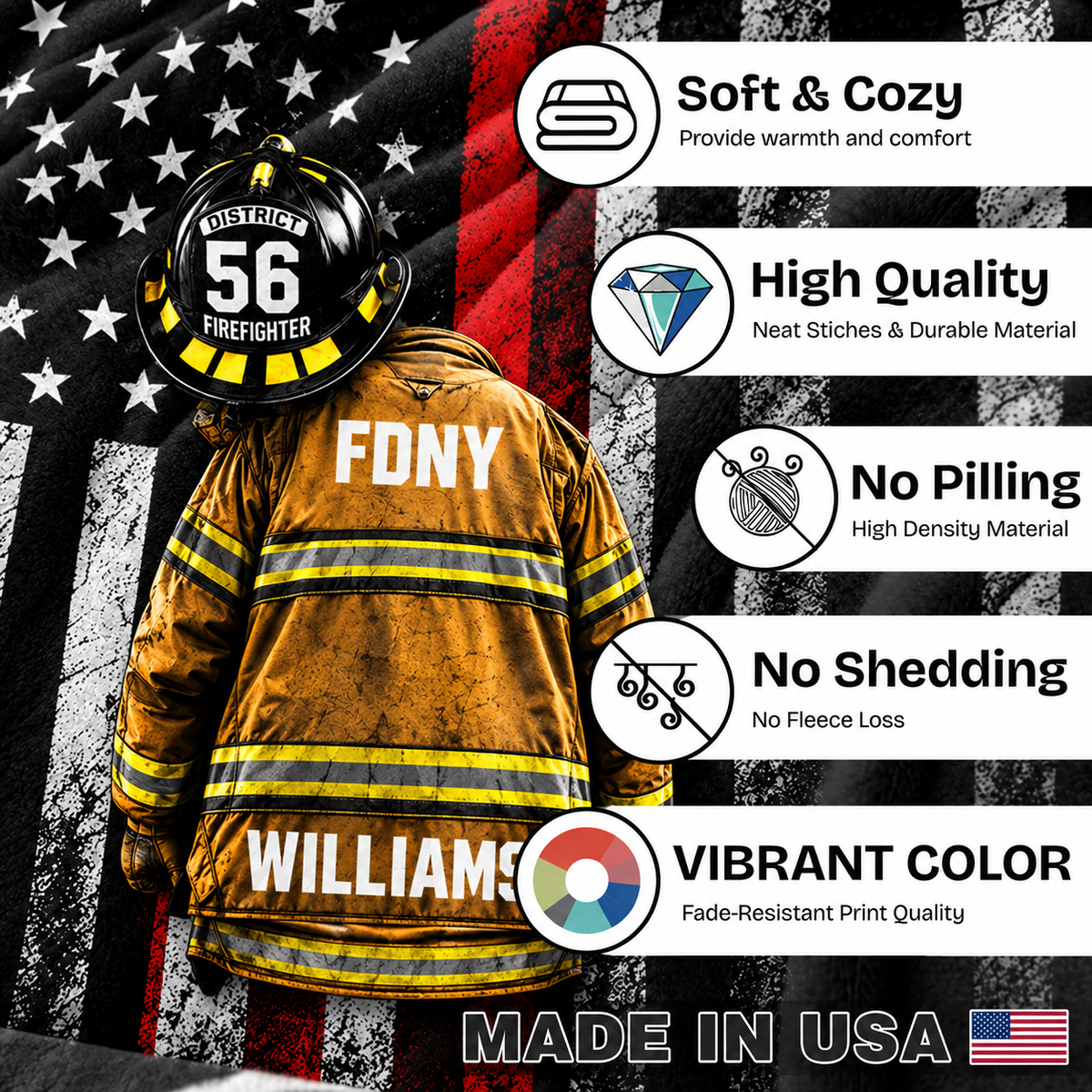Couverture personnalisée pour pompiers - Motif personnalisé avec le nom du pompier