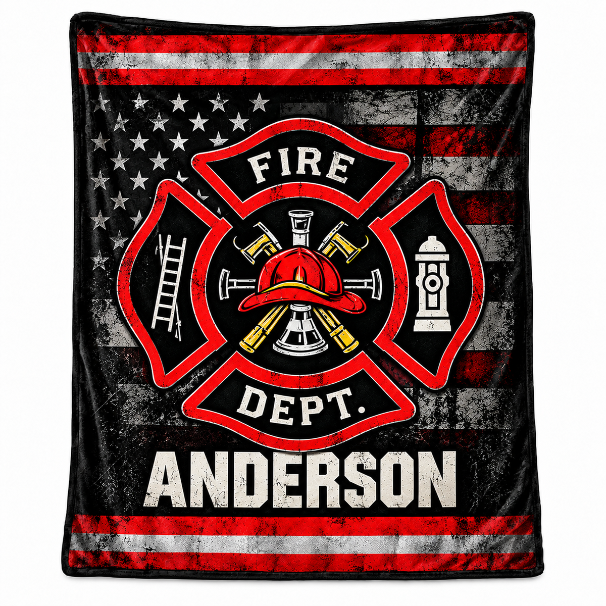 Personalized Fire Department Blanket - Custom Name Firefighter Maltese Cross American Flag