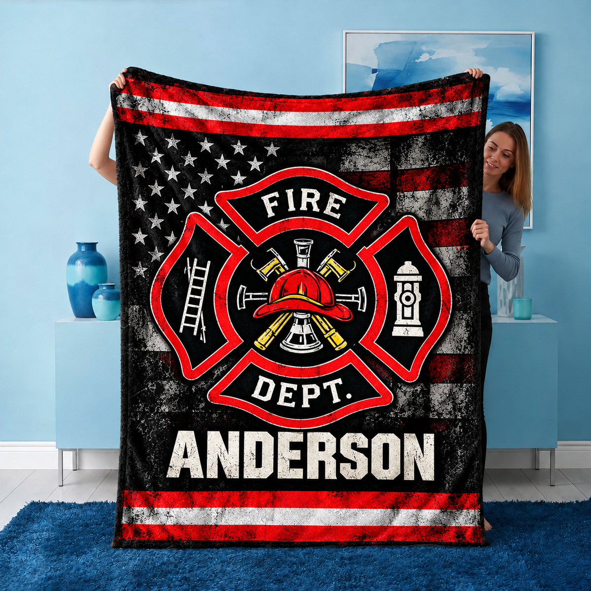Personalized Fire Department Blanket - Custom Name Firefighter Maltese Cross American Flag