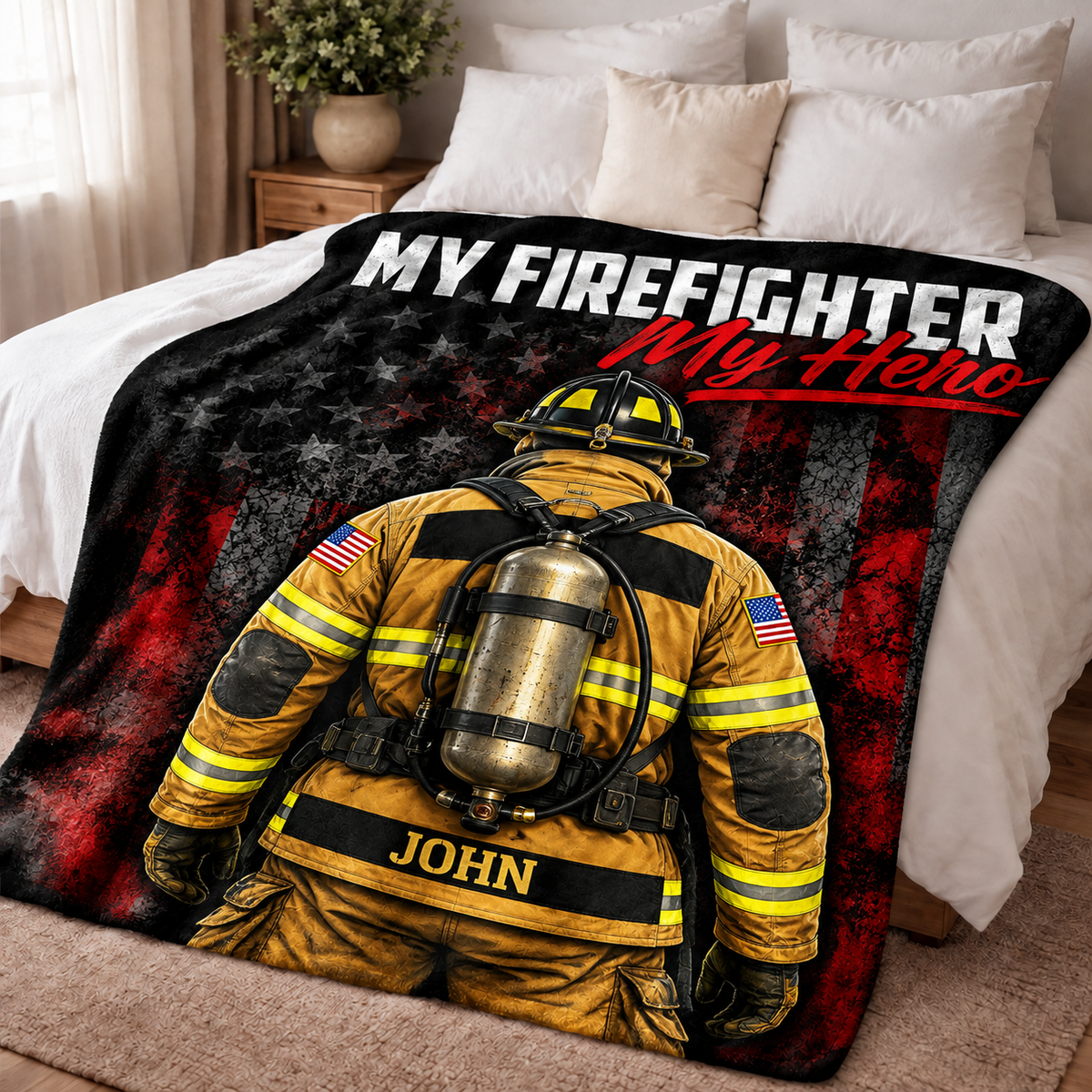 My Firefighter My Hero Blanket - Custom Name Turnout Gear American Flag