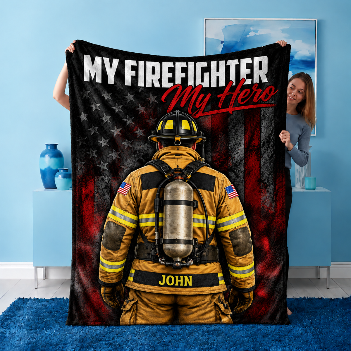 My Firefighter My Hero Blanket - Custom Name Turnout Gear American Flag