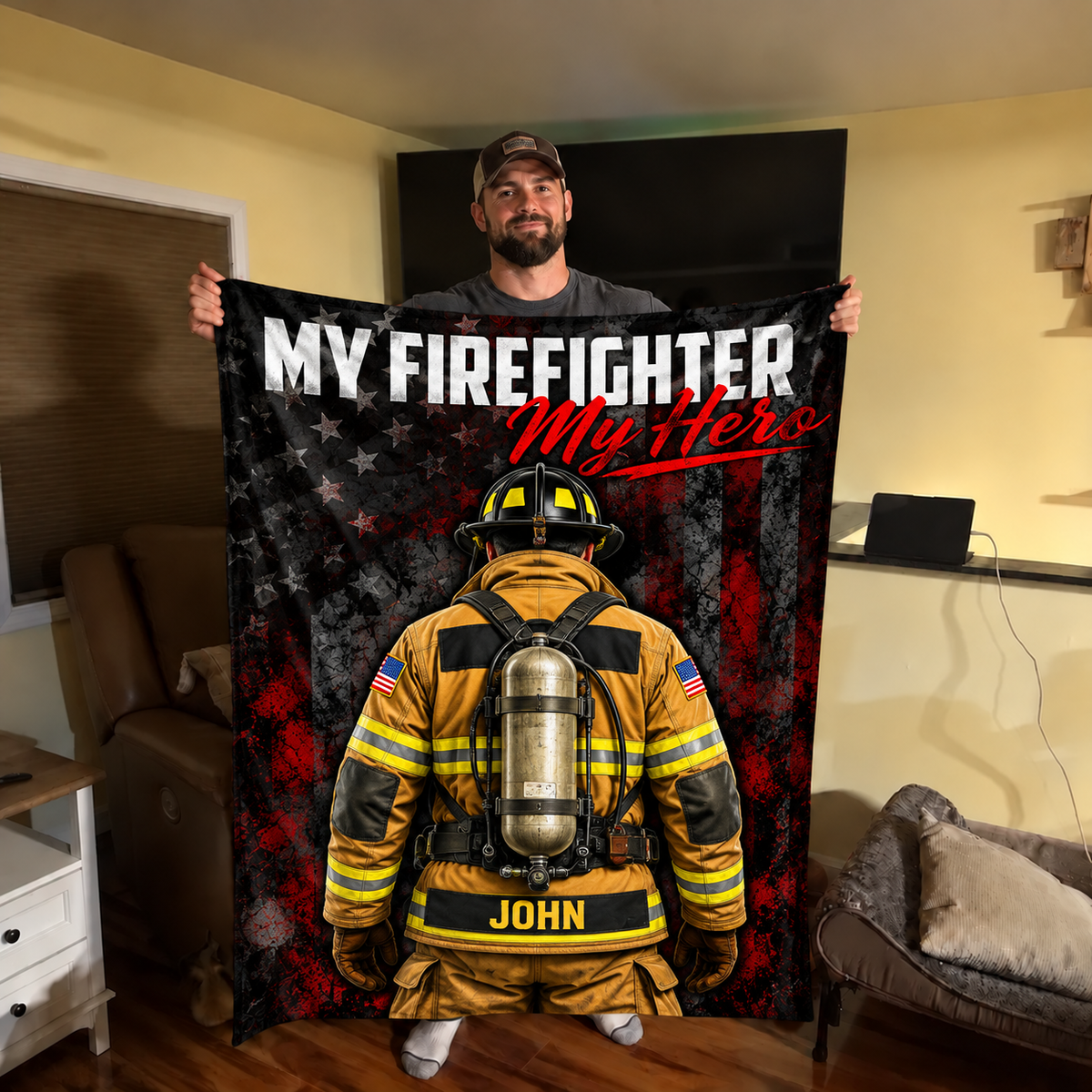 My Firefighter My Hero Blanket - Custom Name Turnout Gear American Flag