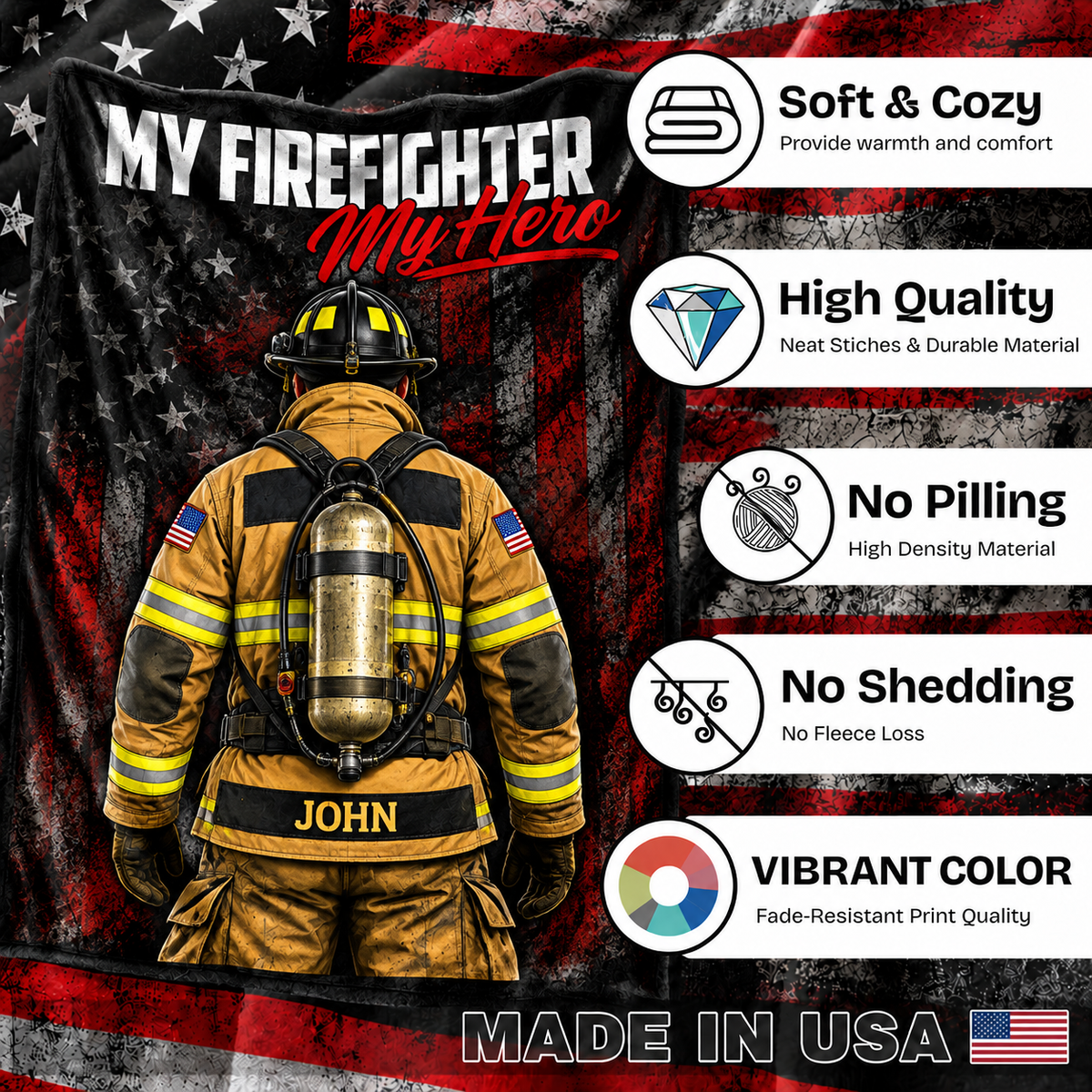 My Firefighter My Hero Blanket - Custom Name Turnout Gear American Flag
