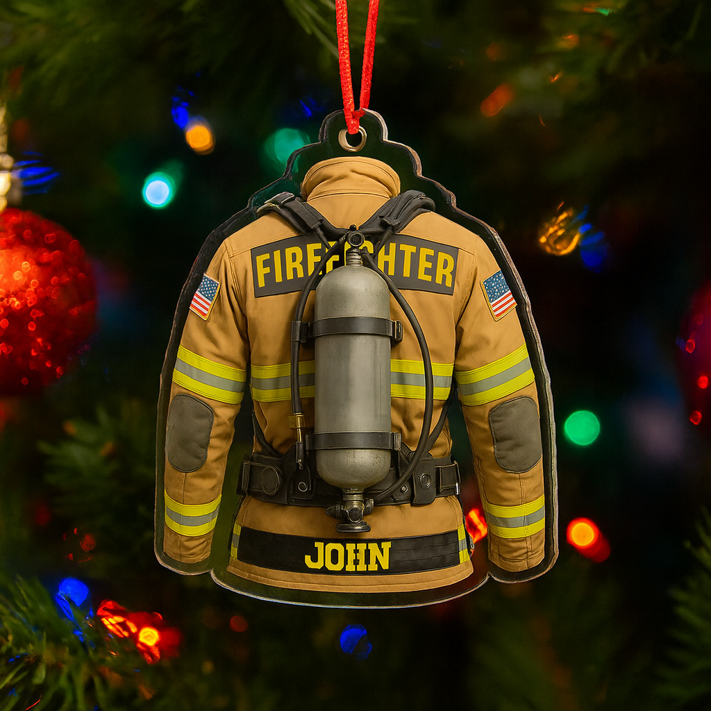 Firefighter-themed Christmas ornament on a decorated tree