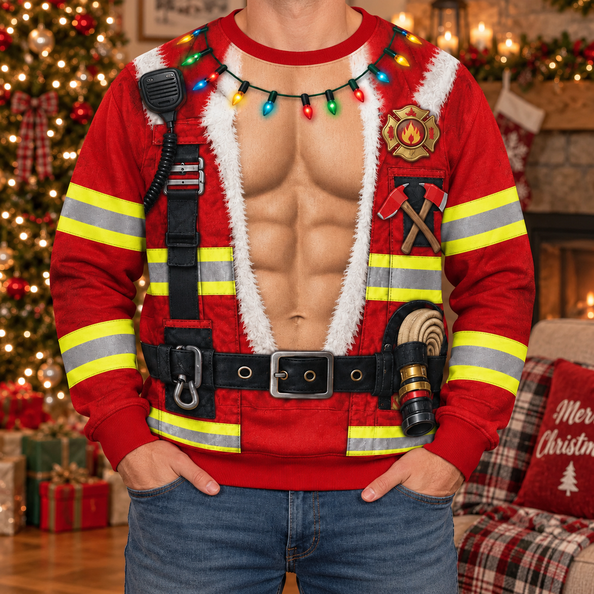 Funny 3D Firefighter Christmas Sweater - Firefighter Gift, Holiday Fireman Shirt Gift for Firefighter