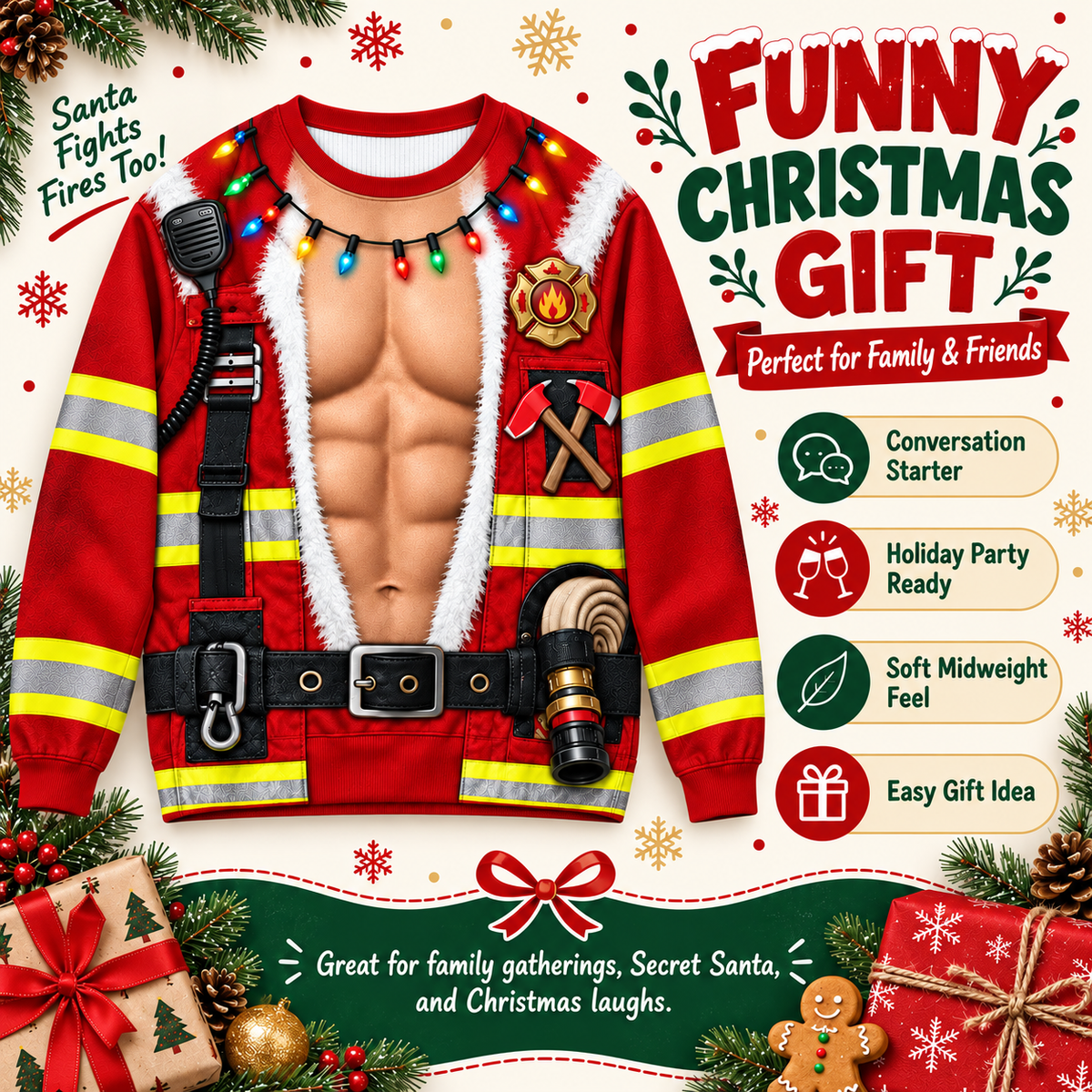 Funny 3D Firefighter Christmas Sweater - Firefighter Gift, Holiday Fireman Shirt Gift for Firefighter