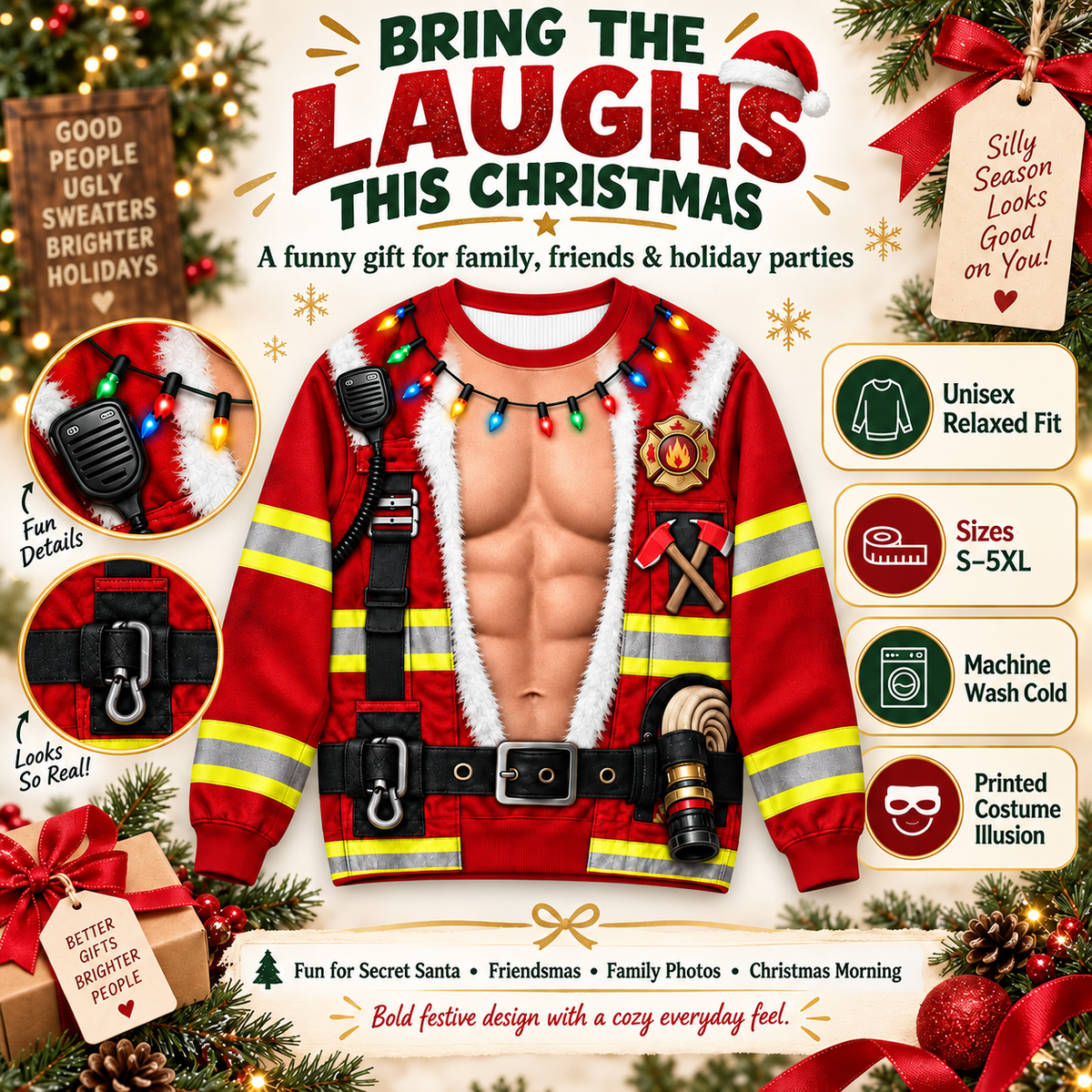 Funny 3D Firefighter Christmas Sweater - Firefighter Gift, Holiday Fireman Shirt Gift for Firefighter