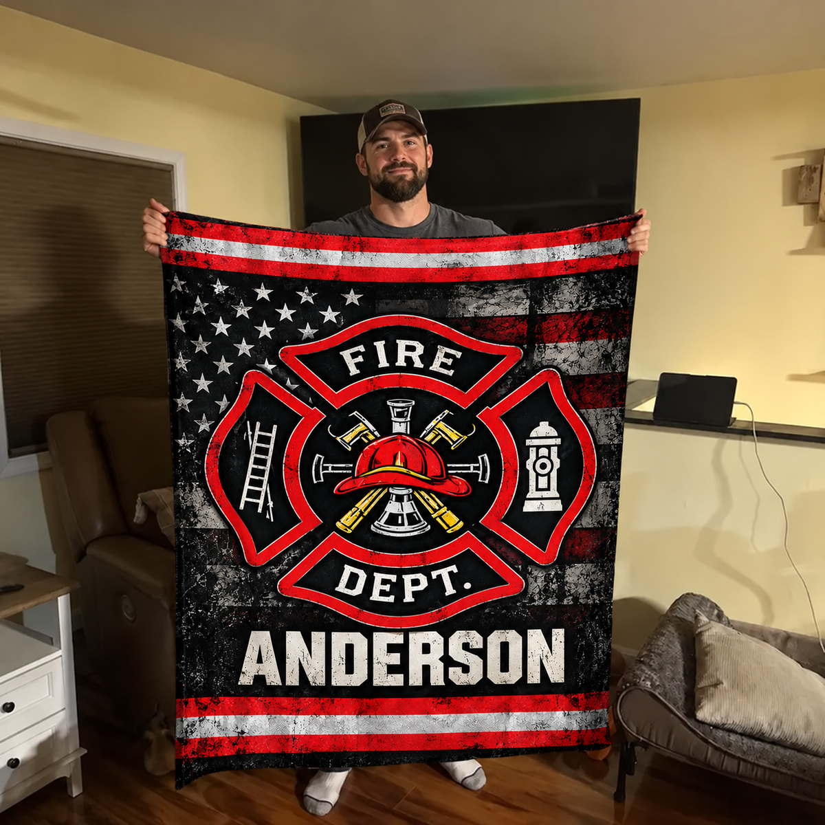 Personalized Fire Department Blanket - Custom Name Firefighter Maltese Cross American Flag