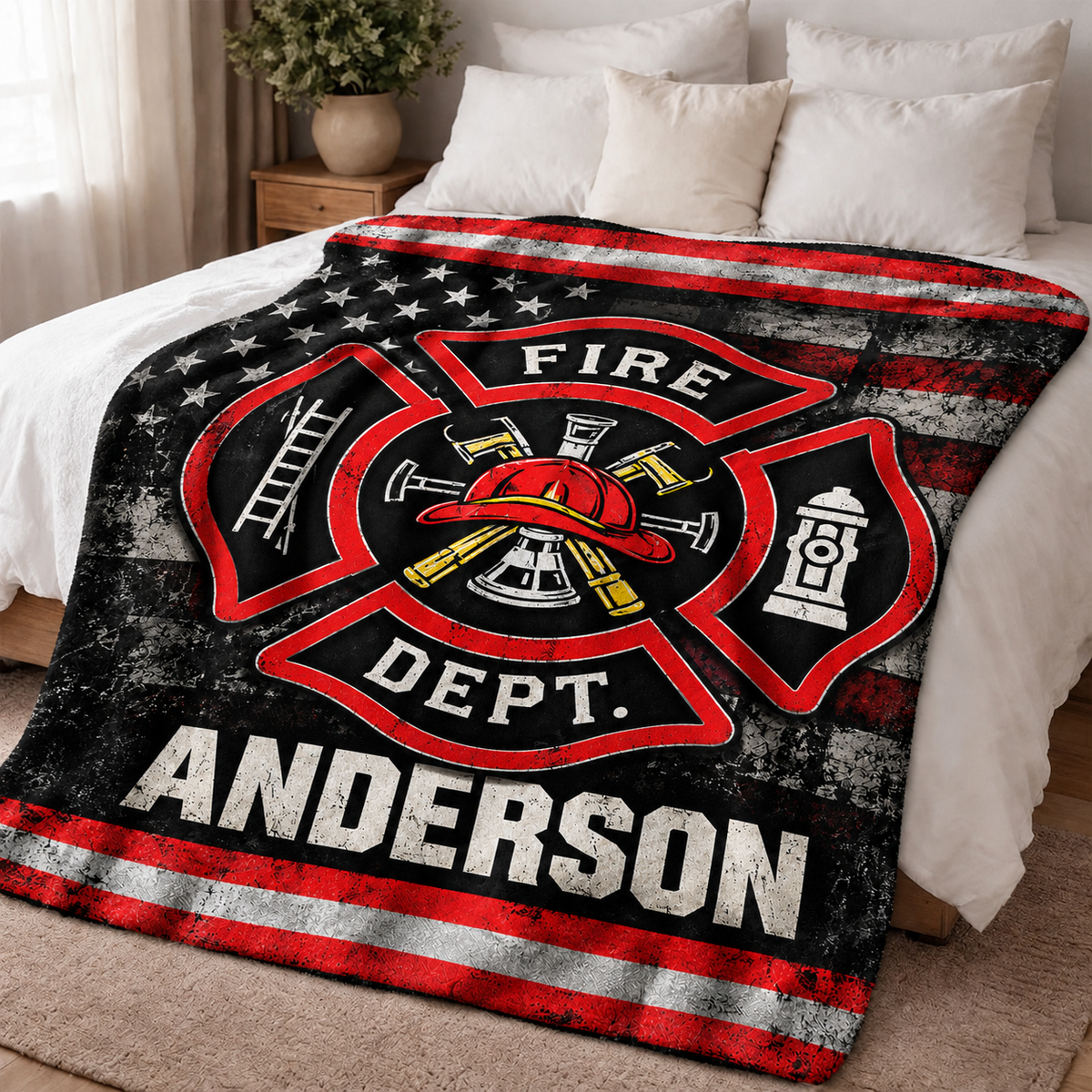 Personalized Fire Department Blanket - Custom Name Firefighter Maltese Cross American Flag