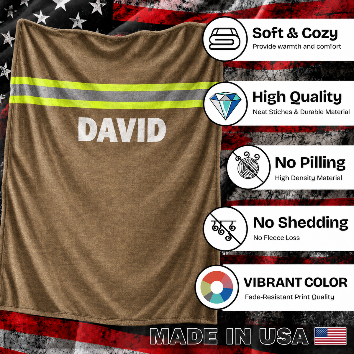 Couverture personnalisée pour pompiers - Motif personnalisé avec le nom du pompier