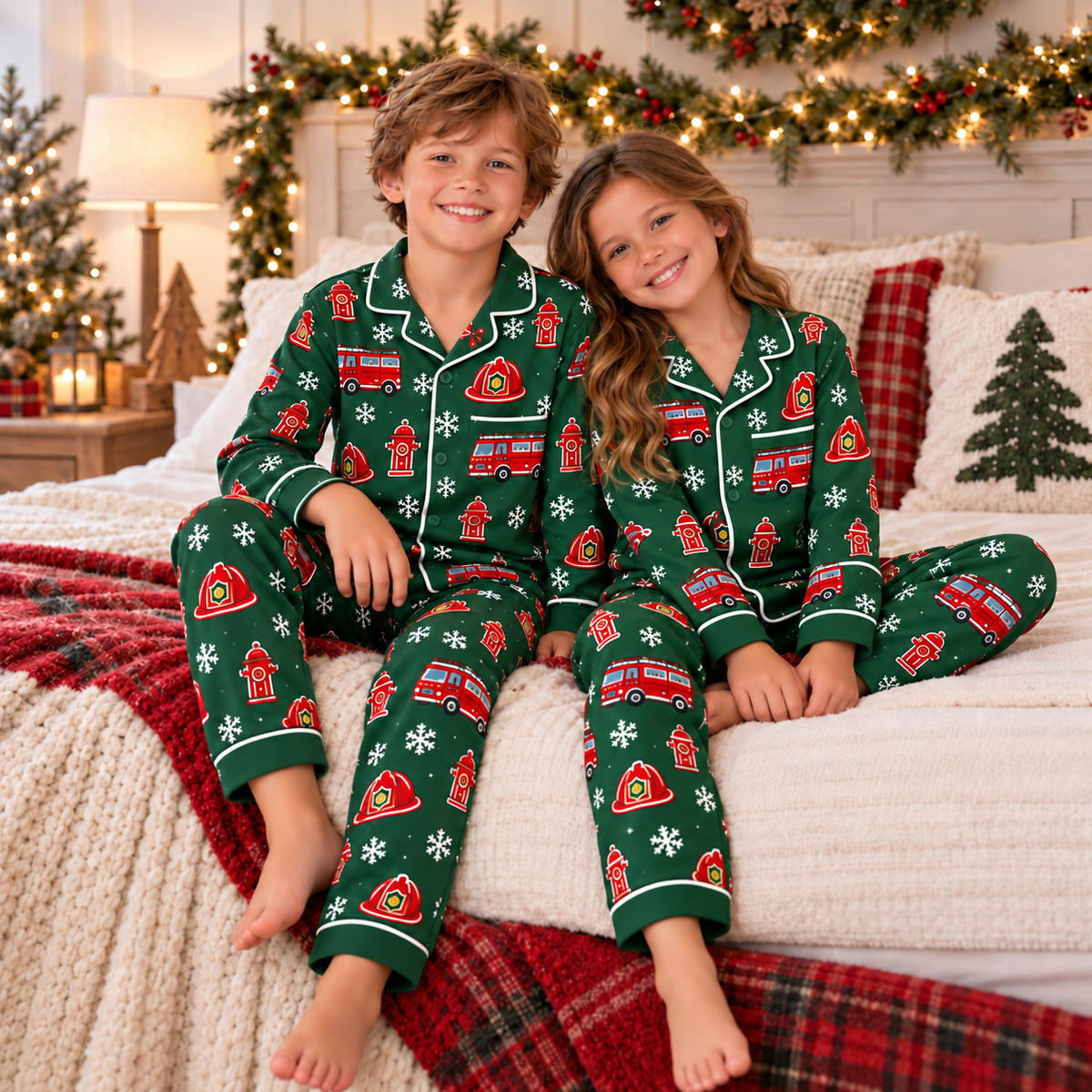 Christmas Kids Satin Pajama Set – Festive All-Over Print Long Sleeve PJs