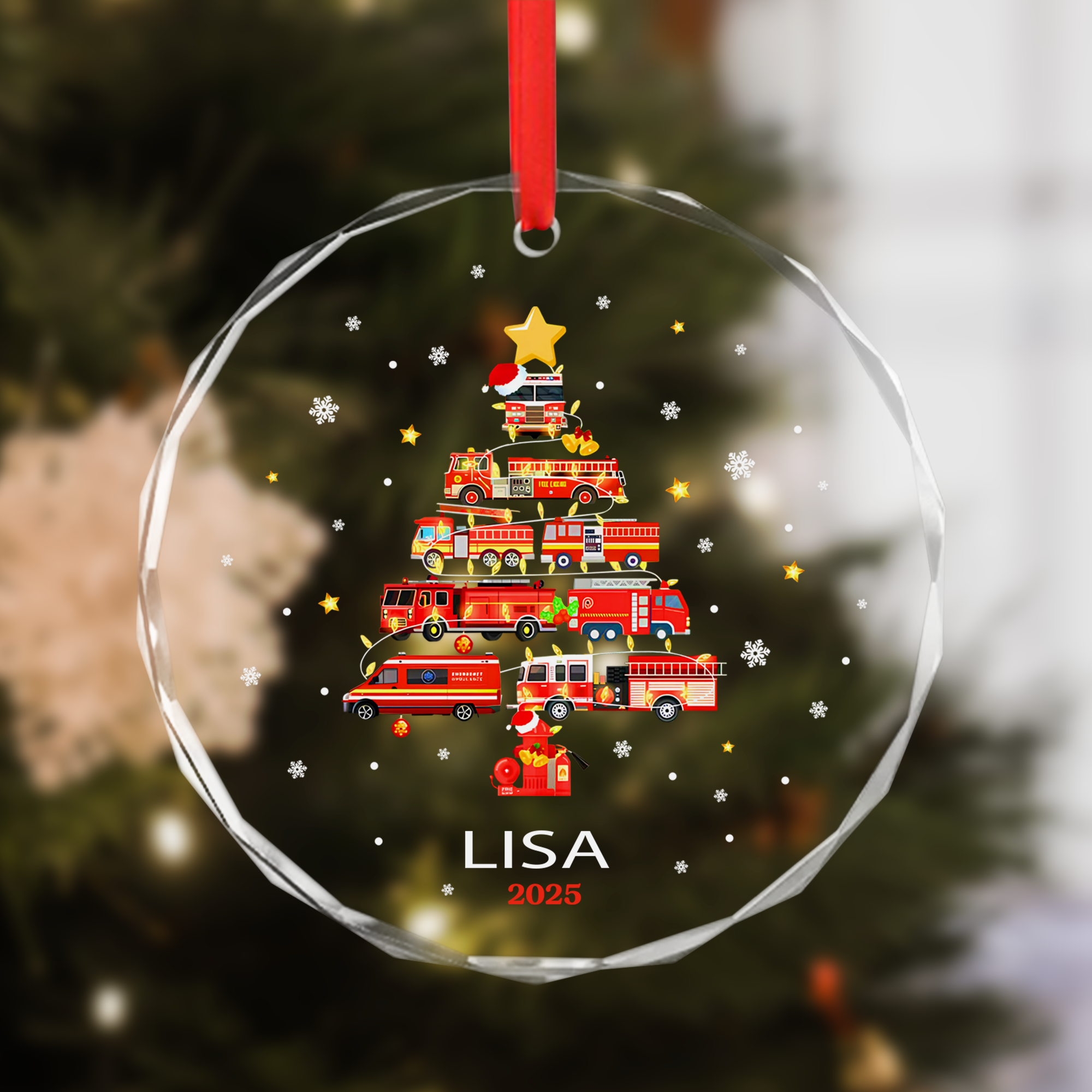 Fire Truck Crystal Circle Ornament –  Custom Name