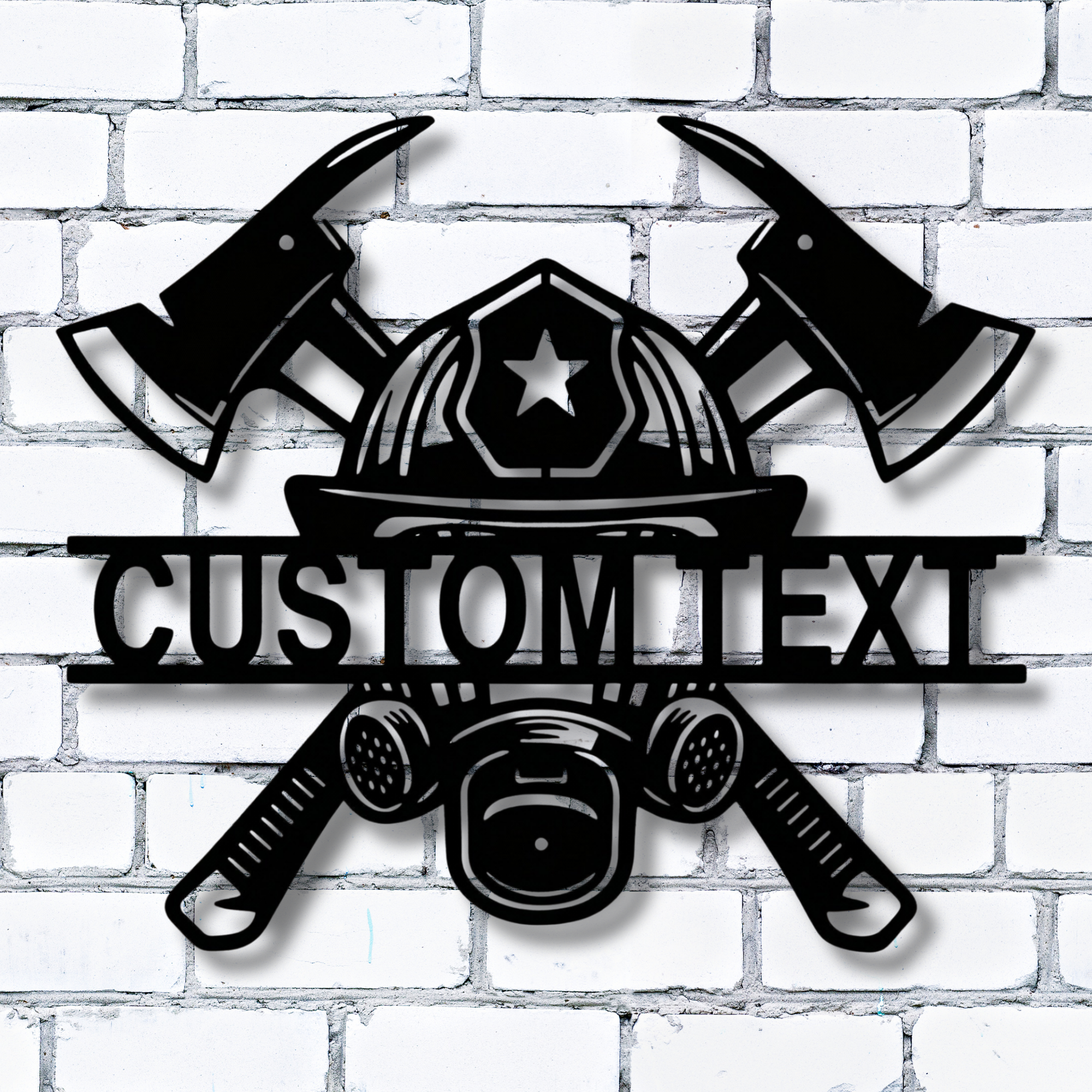 Feuerwehrmaske mit gekreuzten Äxten – Individuelles Namensschild aus Metall – Personalisierte Wanddekoration