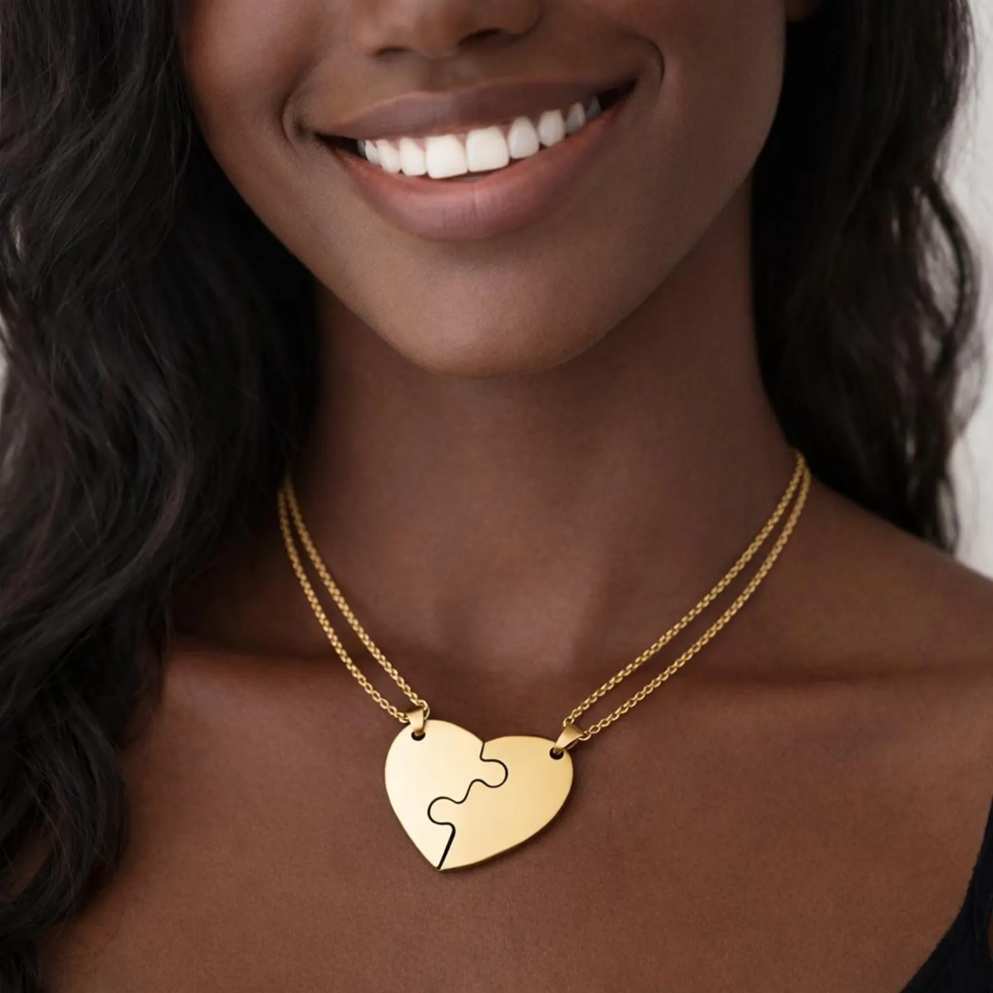 Personalized Couple Necklace Set - Custom Heart Puzzle Name Engraved