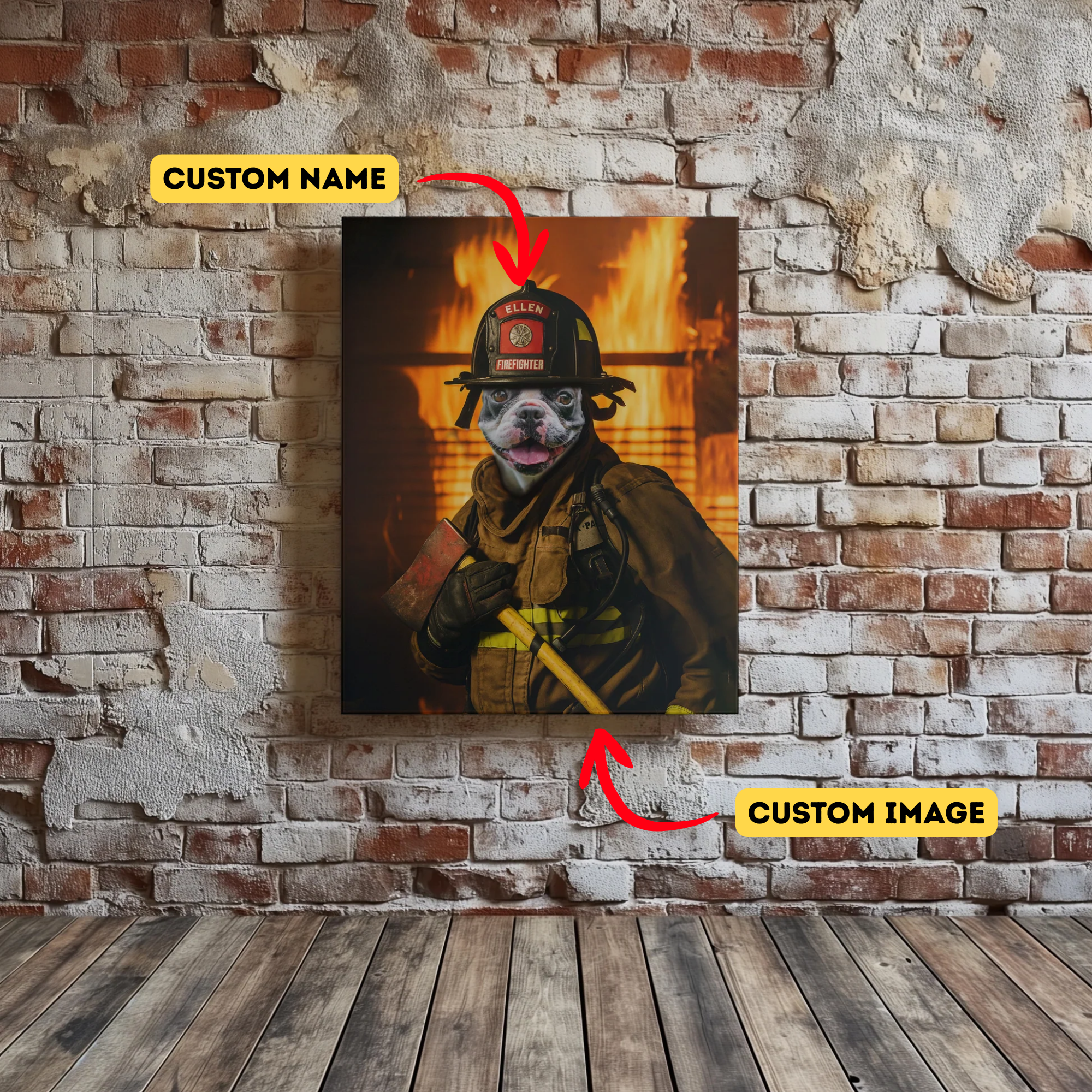 Toile personnalisée avec photo d'animal de compagnie sur le thème des pompiers - Fond de feu style action