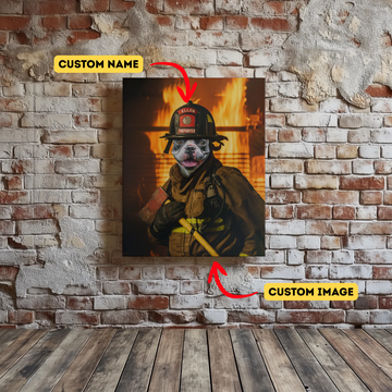 Toile personnalisée avec photo d'animal de compagnie sur le thème des pompiers - Fond de feu style action