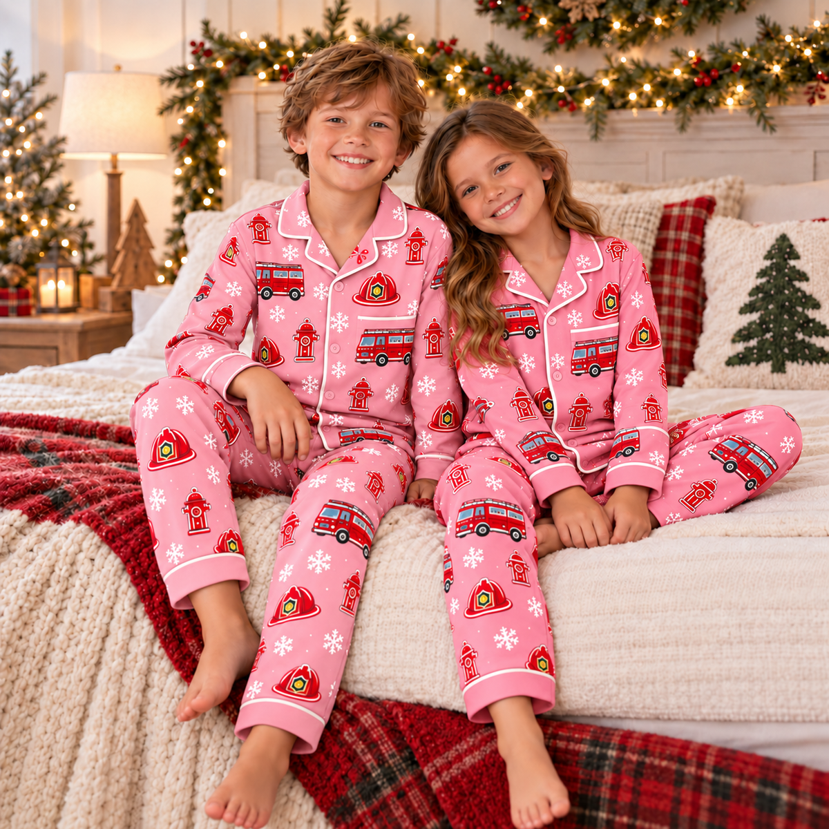 Christmas Kids Satin Pajama Set – Festive All-Over Print Long Sleeve PJs