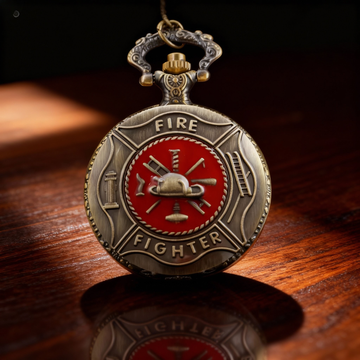 Firefighter Pocket Watch - Vintage Red Fire Truck Quartz Necklace Watch