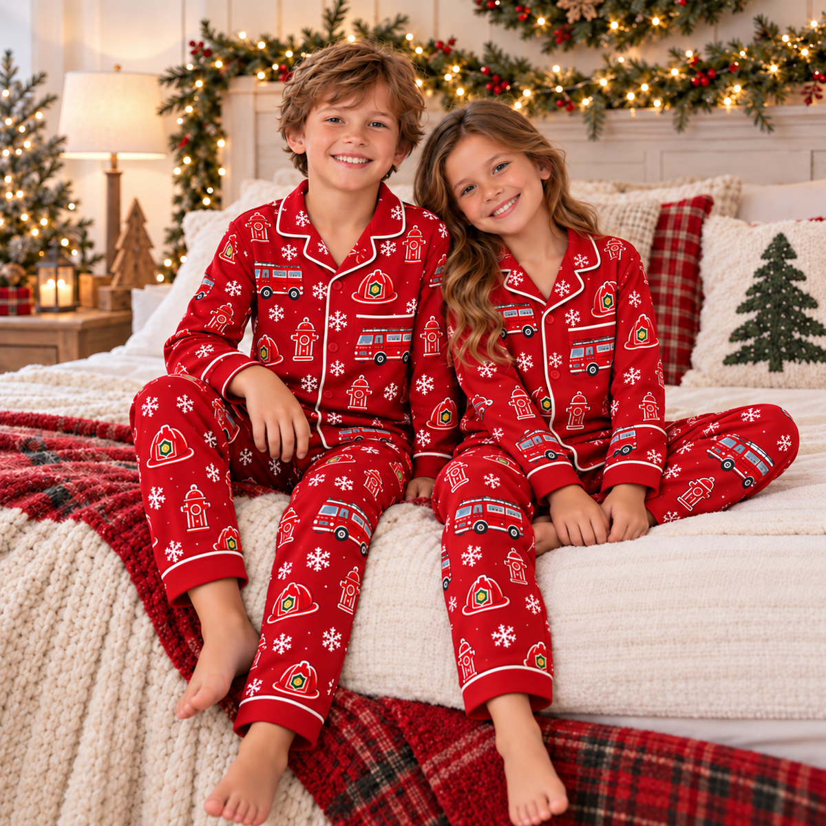 Christmas Kids Satin Pajama Set – Festive All-Over Print Long Sleeve PJs