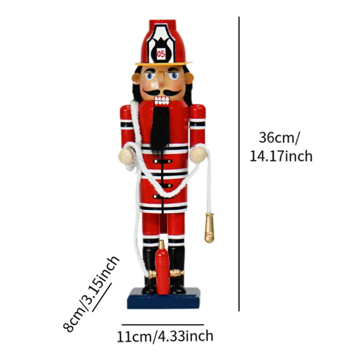 Firefighter nutcracker size diagram showing 36 centimeters tall