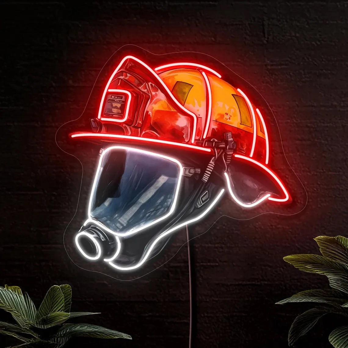 Enseigne lumineuse néon casque de pompier - Décoration murale LED pour caserne de pompiers