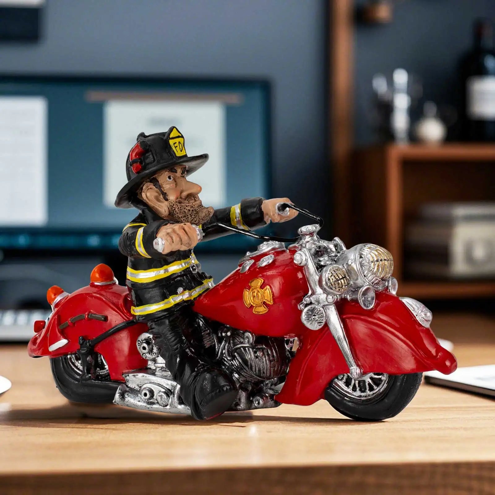 Firefighter Motorcycle Figurine - Vintage Bike Resin Statue