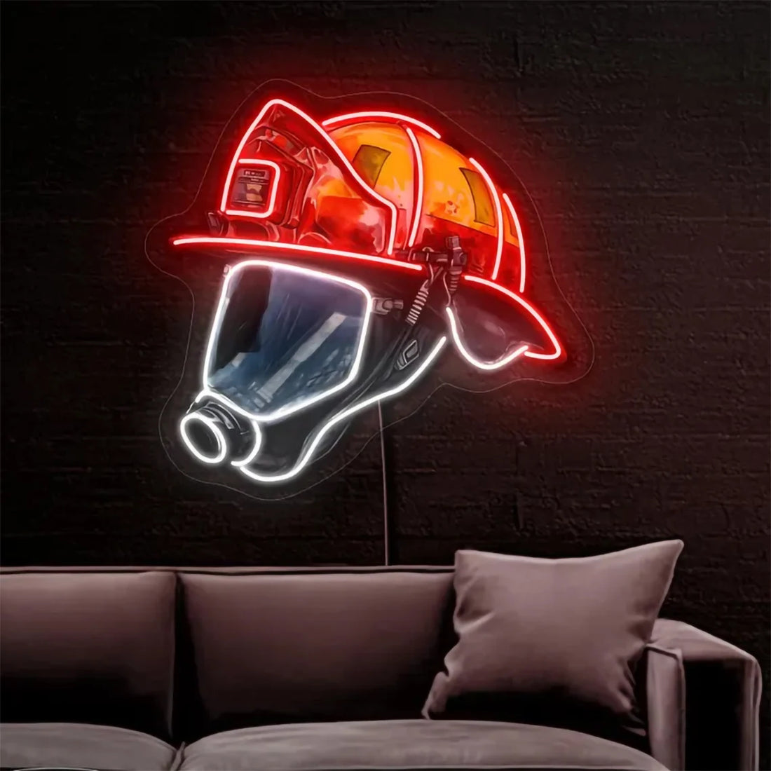 Firefighter Helmet Neon Sign - LED Wall Art Fire Station Decor