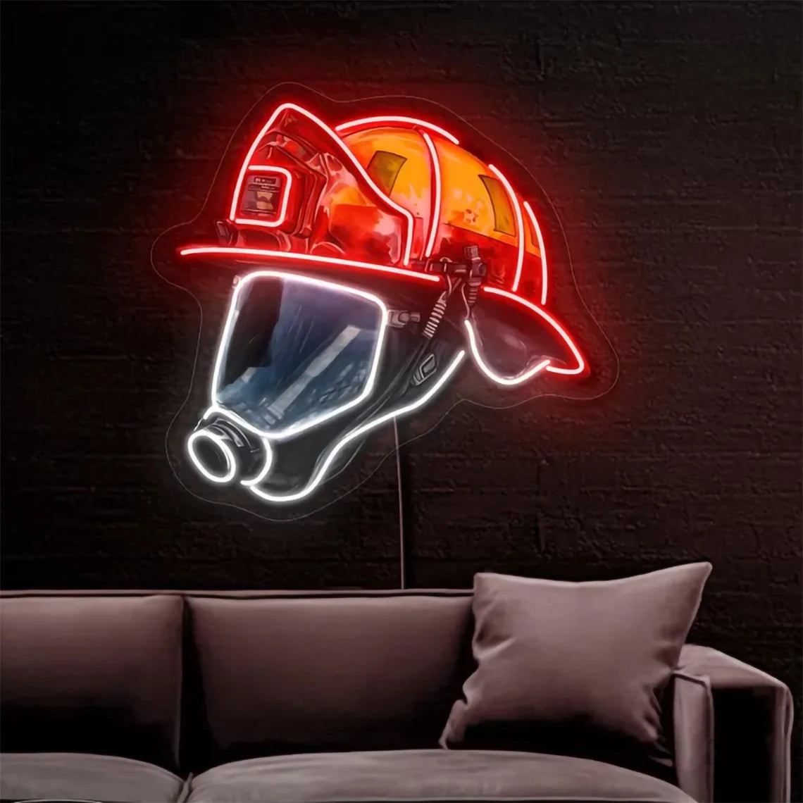 Enseigne lumineuse néon casque de pompier - Décoration murale LED pour caserne de pompiers