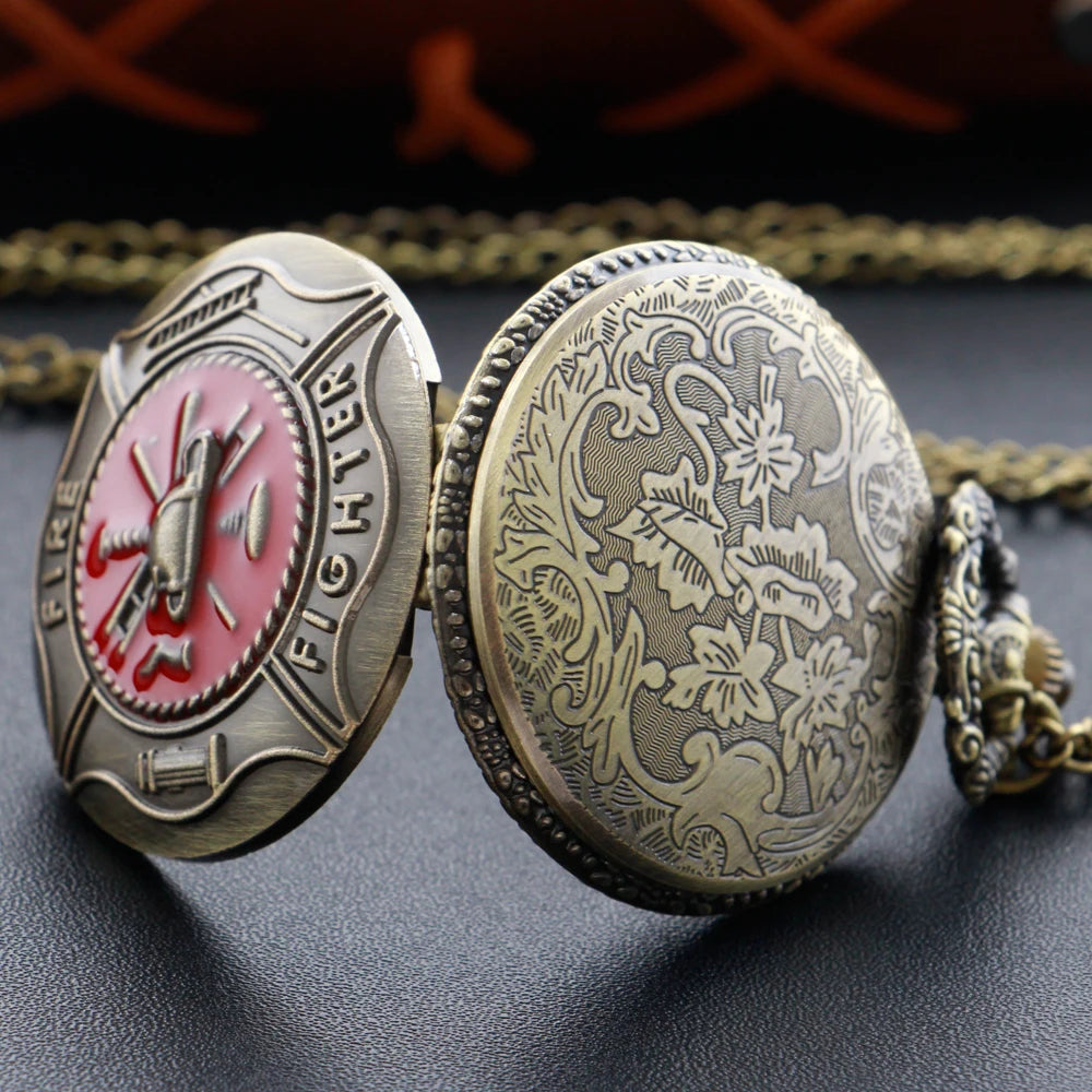 Firefighter Pocket Watch - Vintage Red Fire Truck Quartz Necklace Watch