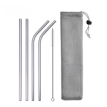 Reusable Drinking Straw - Straight & Bent Metal Straws with Cleaner Brush and Bag