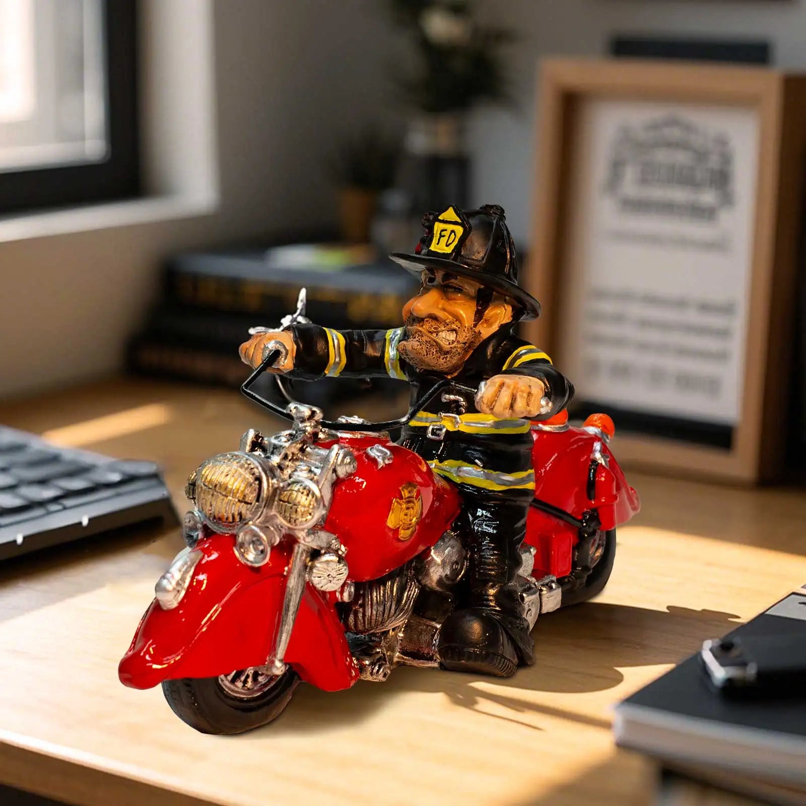 Firefighter Motorcycle Figurine - Vintage Bike Resin Statue