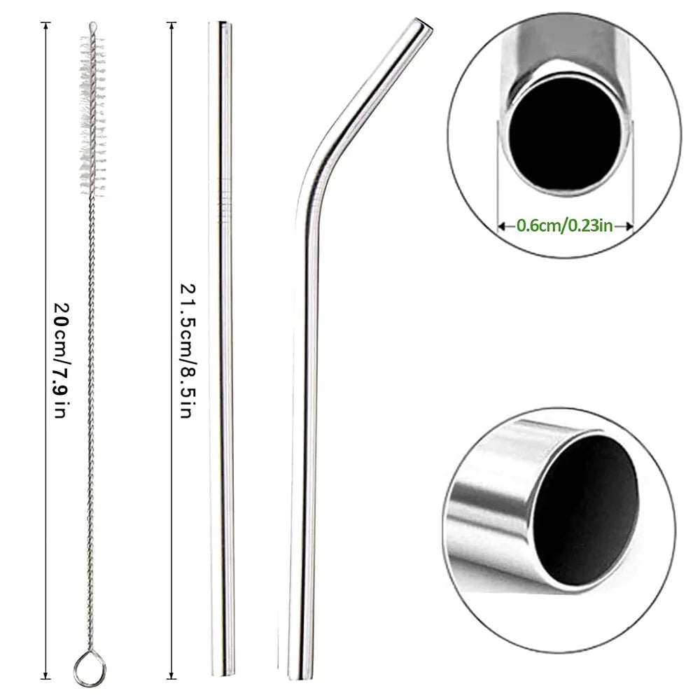 Reusable Drinking Straw - Straight & Bent Metal Straws with Cleaner Brush and Bag