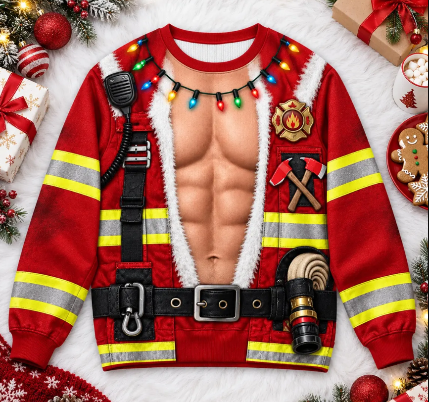 Funny 3D Firefighter Christmas Sweater - Firefighter Gift, Holiday Fireman Shirt Gift for Firefighter