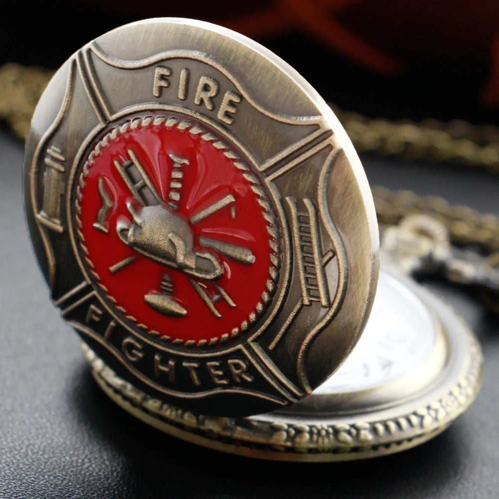 Firefighter Pocket Watch - Vintage Red Fire Truck Quartz Necklace Watch