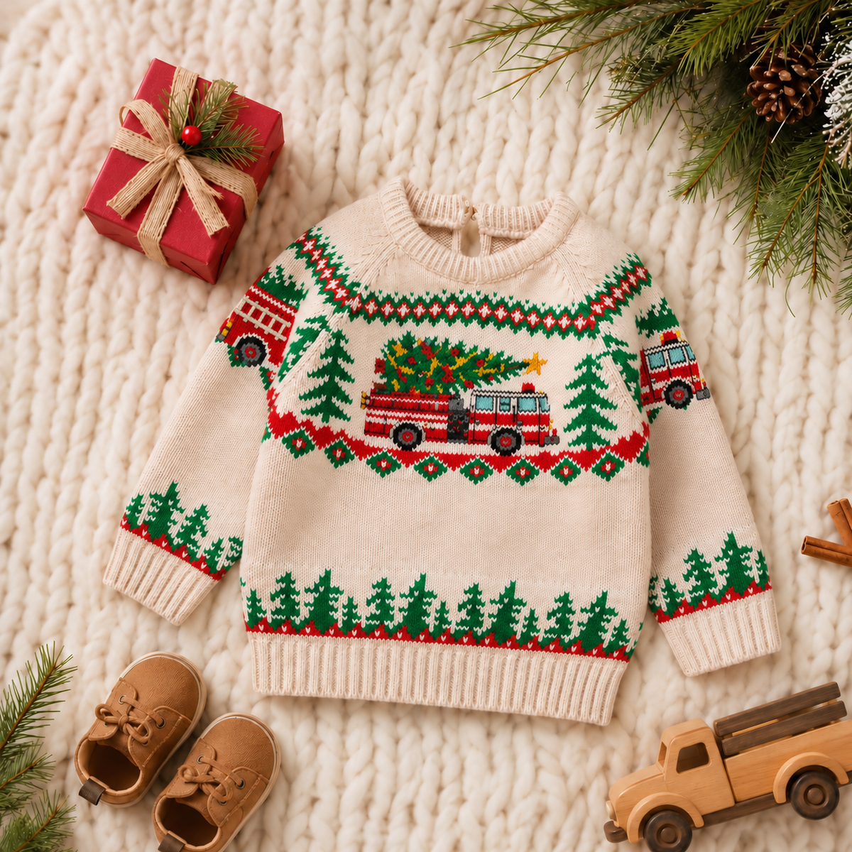 Personalized Baby First Christmas Sweater | Custom Name Red Truck Knit Pullover
