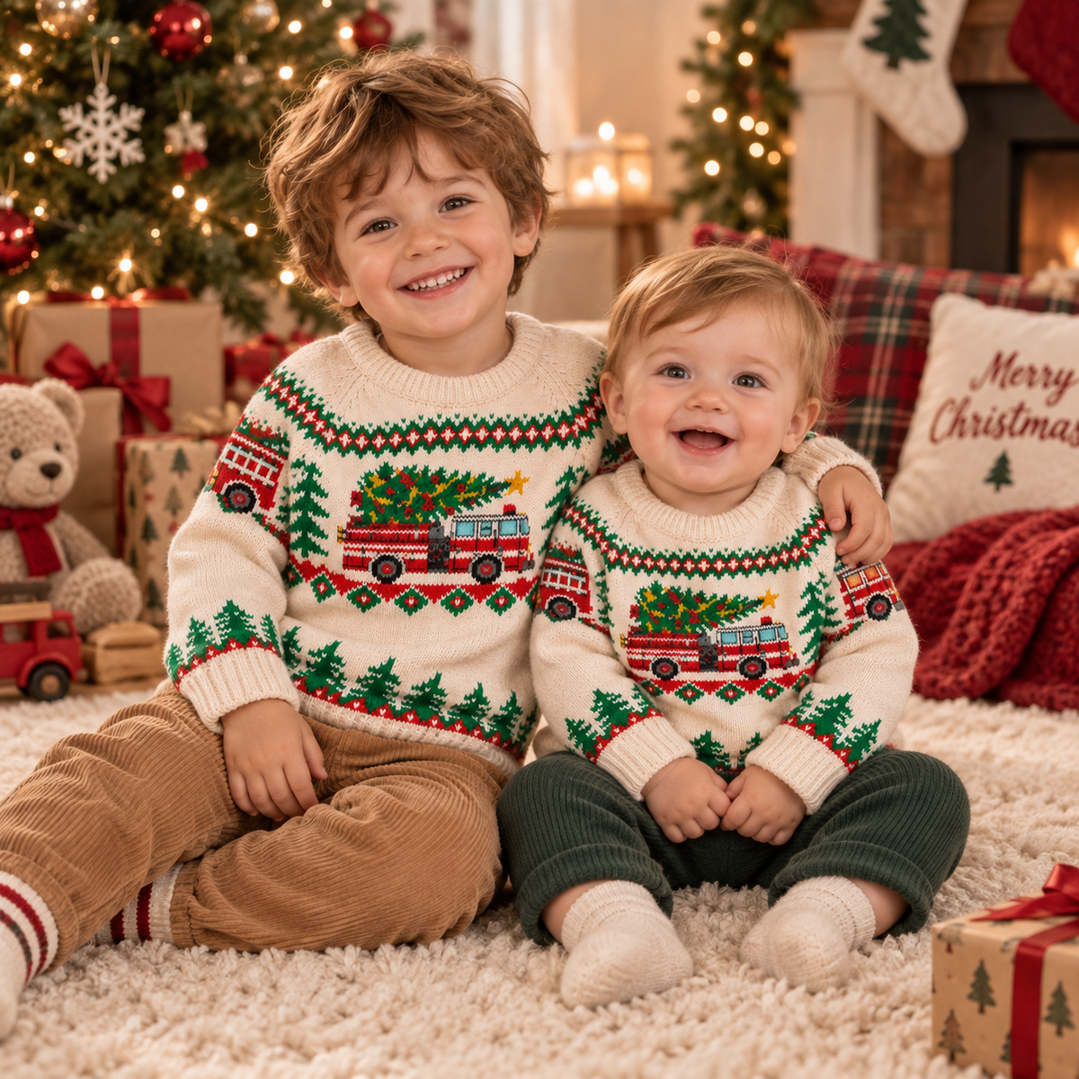 Baby Fire Truck Christmas Sweater – Fair Isle Knit Pullover for Boys & Girls