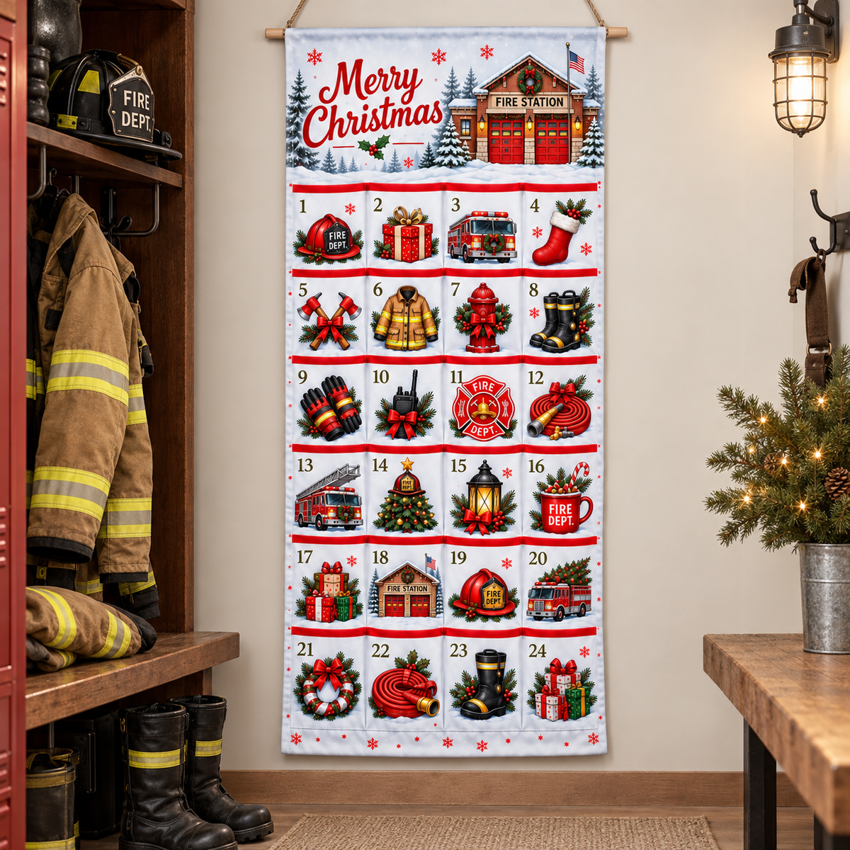 Firefighter Advent Calendar Grid Layout - 24 Pocket Christmas Countdown Hanging Organizer