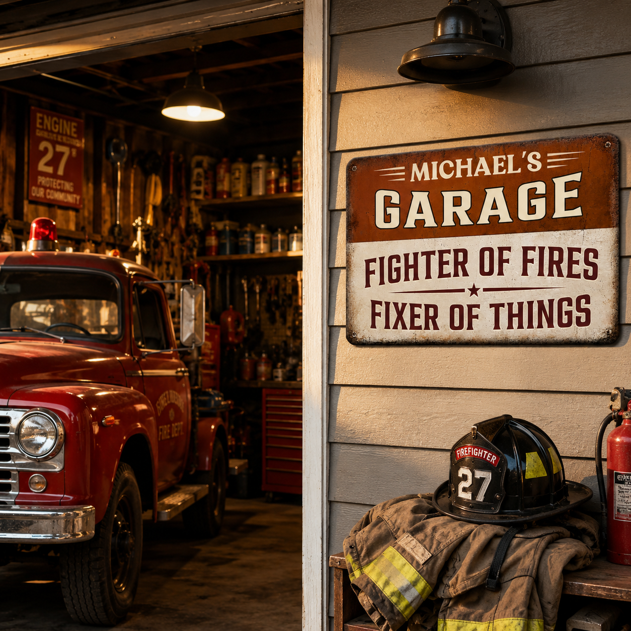 Personalized Firefighter Garage Sign – Fighter of Fires, Fixer of Things