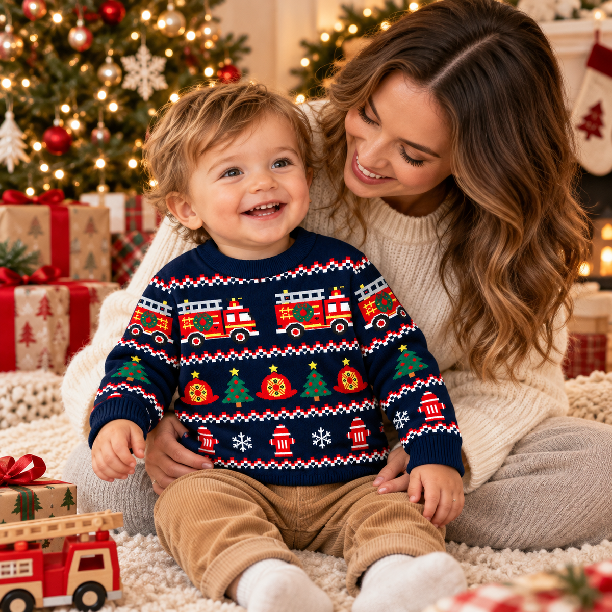 Kids Fire Truck Christmas Sweater – Firefighter Fair Isle Knit Pullover for Boys & Girls