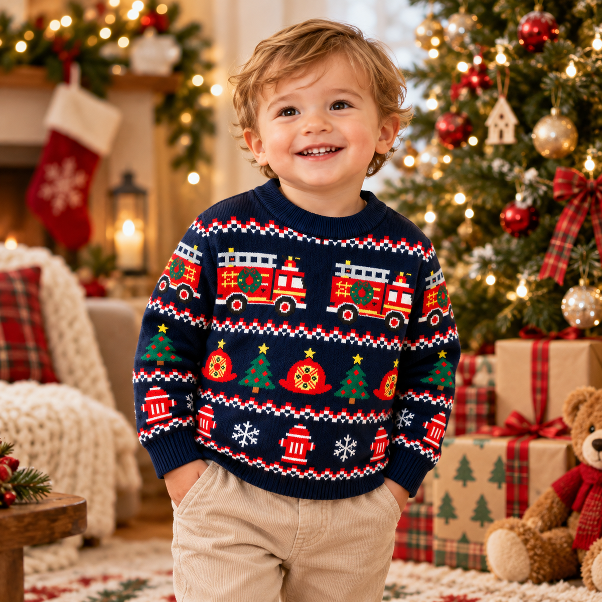 Kids Fire Truck Christmas Sweater – Firefighter Fair Isle Knit Pullover for Boys & Girls